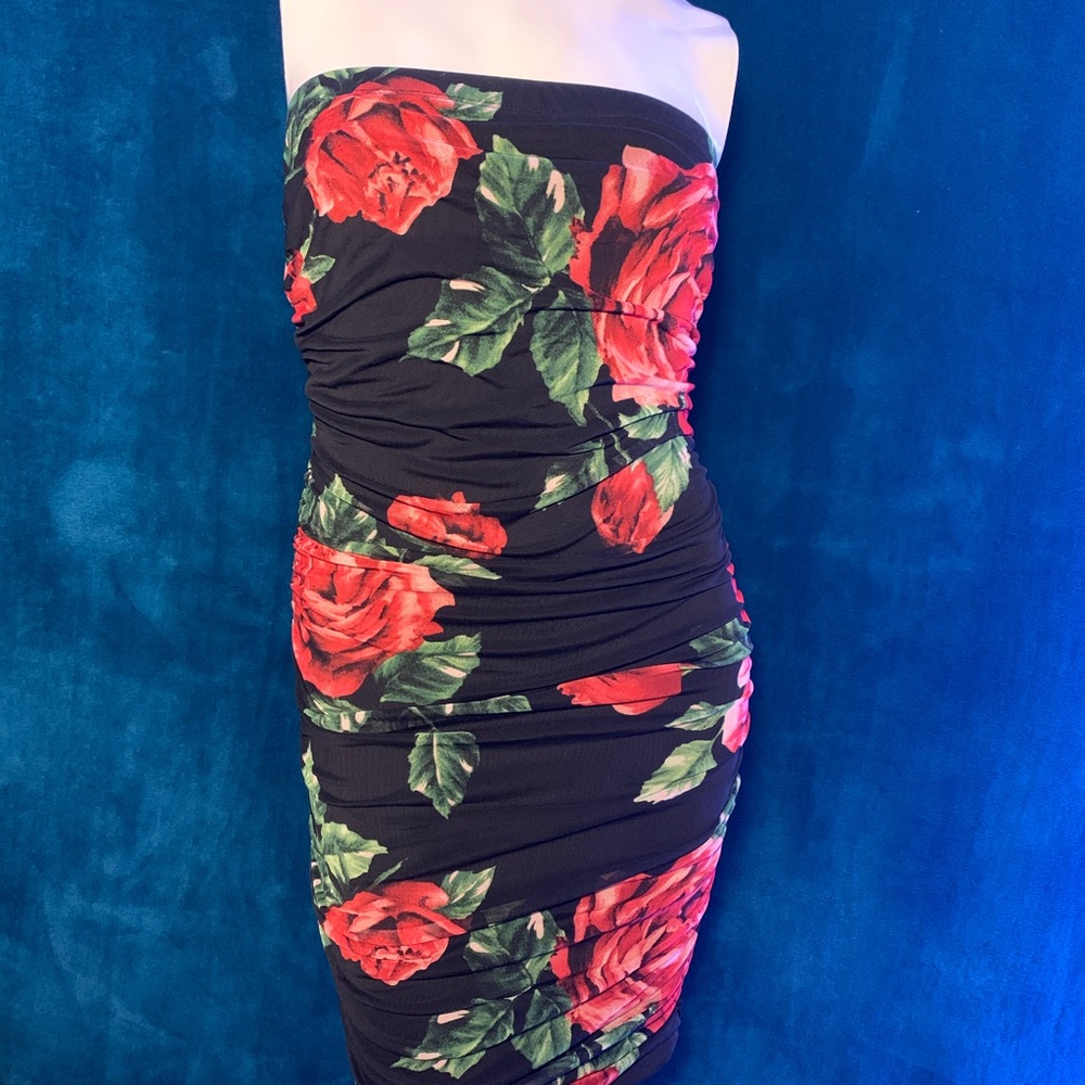 Rose printed Strapless dress